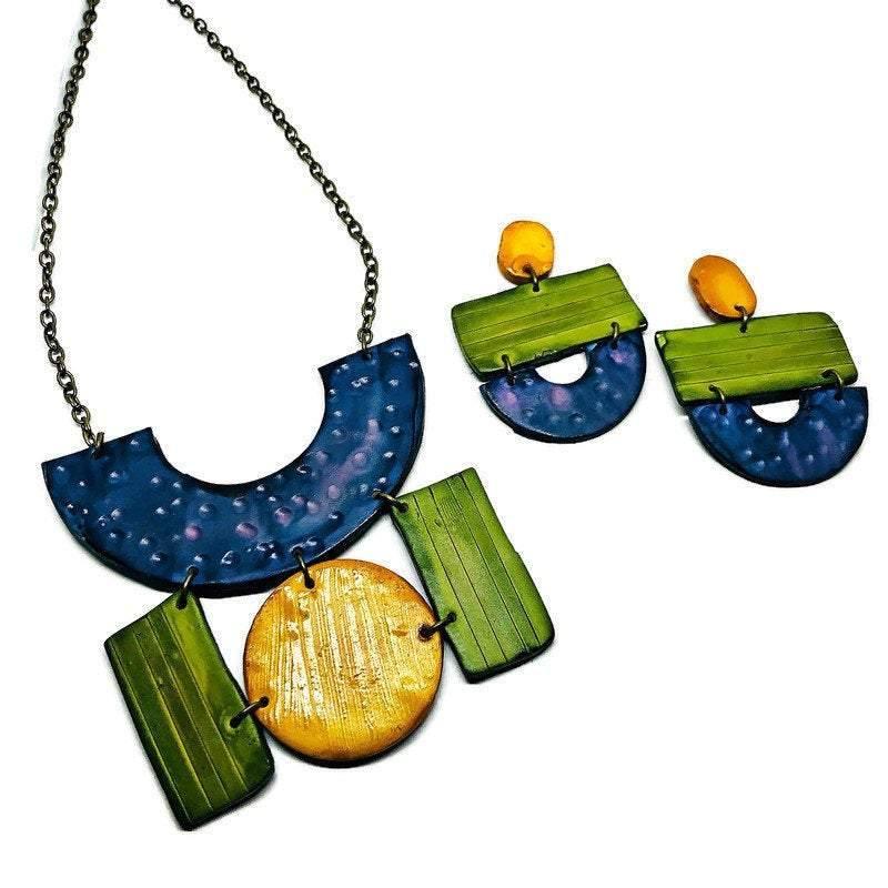 Colorful Painted Statement Necklace with Geometric Design-5
