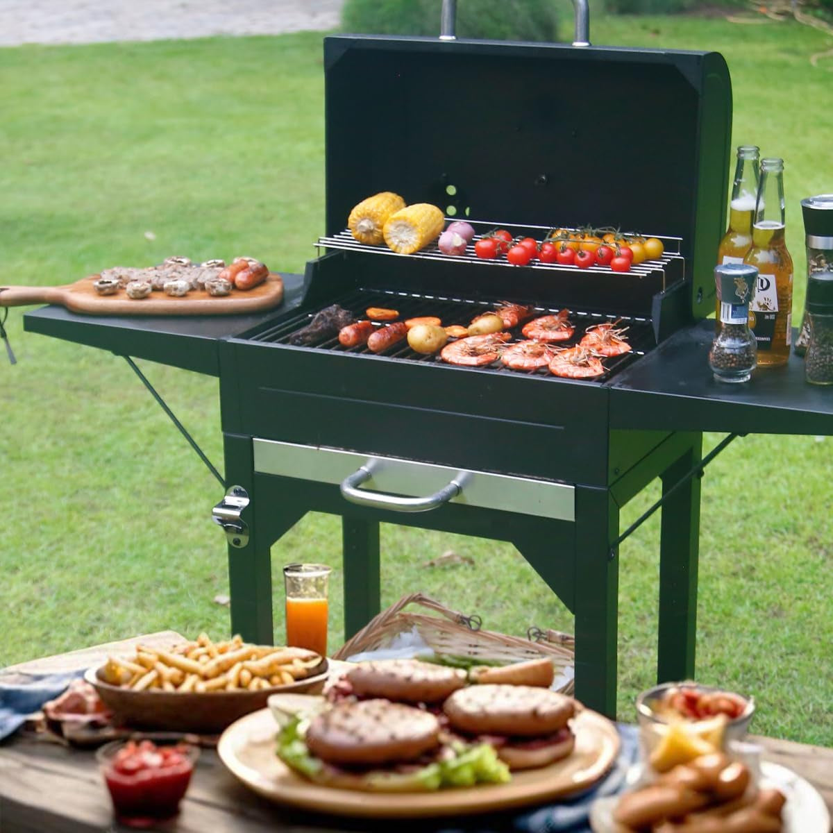 Charcoal Grill With Black Side Tables 332SquareInches-4