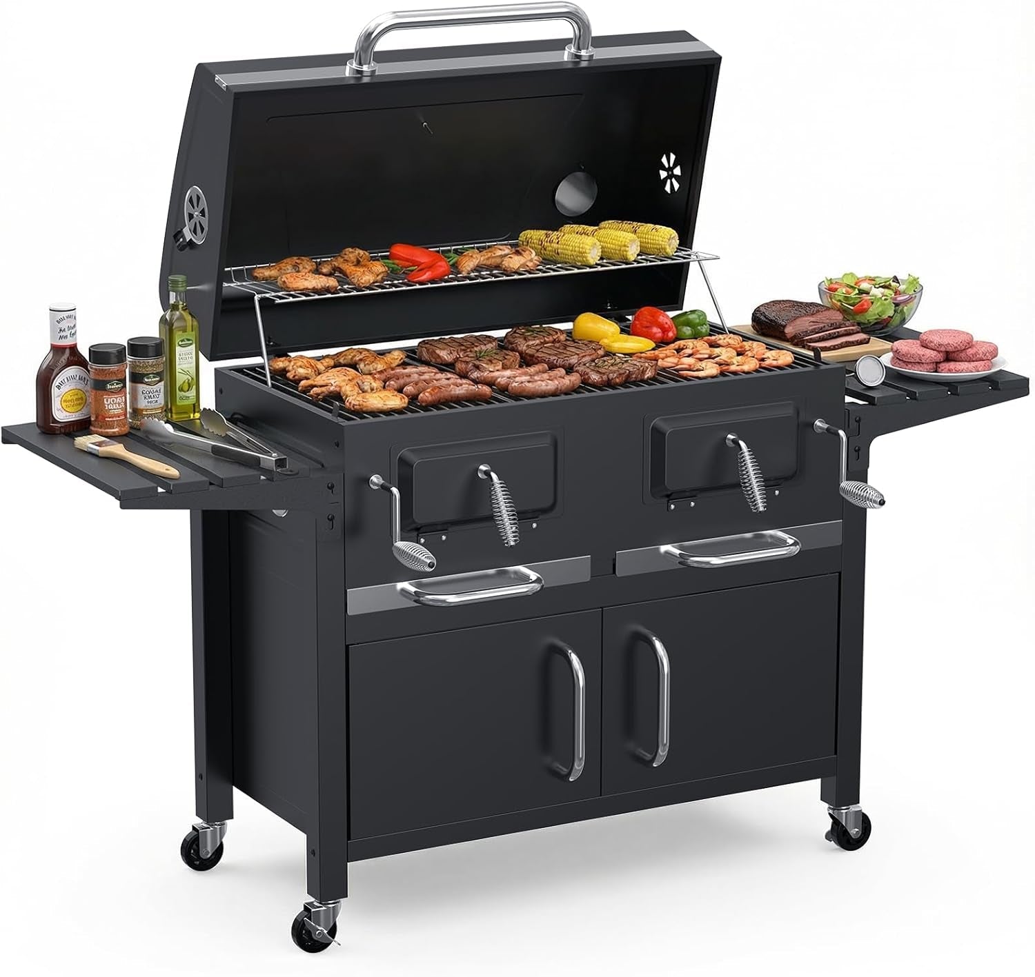 63Inch Cabinet Charcoal Grill Smoker With FoldingTables-0