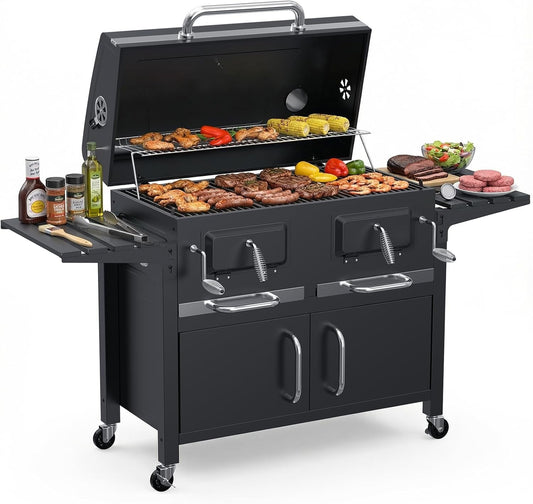 63Inch Cabinet Charcoal Grill Smoker With FoldingTables-0