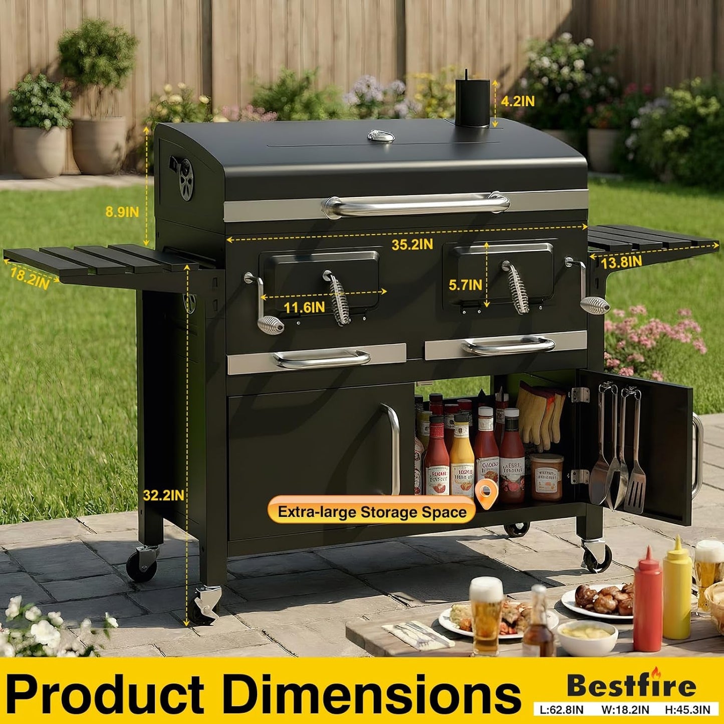 63Inch Cabinet Charcoal Grill Smoker With FoldingTables-1