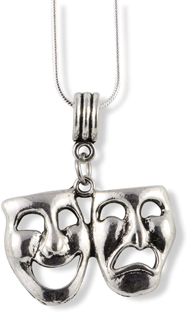 Drama Mask Necklace Tragedy Comedy Mask Thespian Mask Charm Necklace Pendant Jewelry Theatre Theater Gift for Women Men Boys Girls Actors and Actress on Silver Plated Snake Chain Bundled with Keychain-1