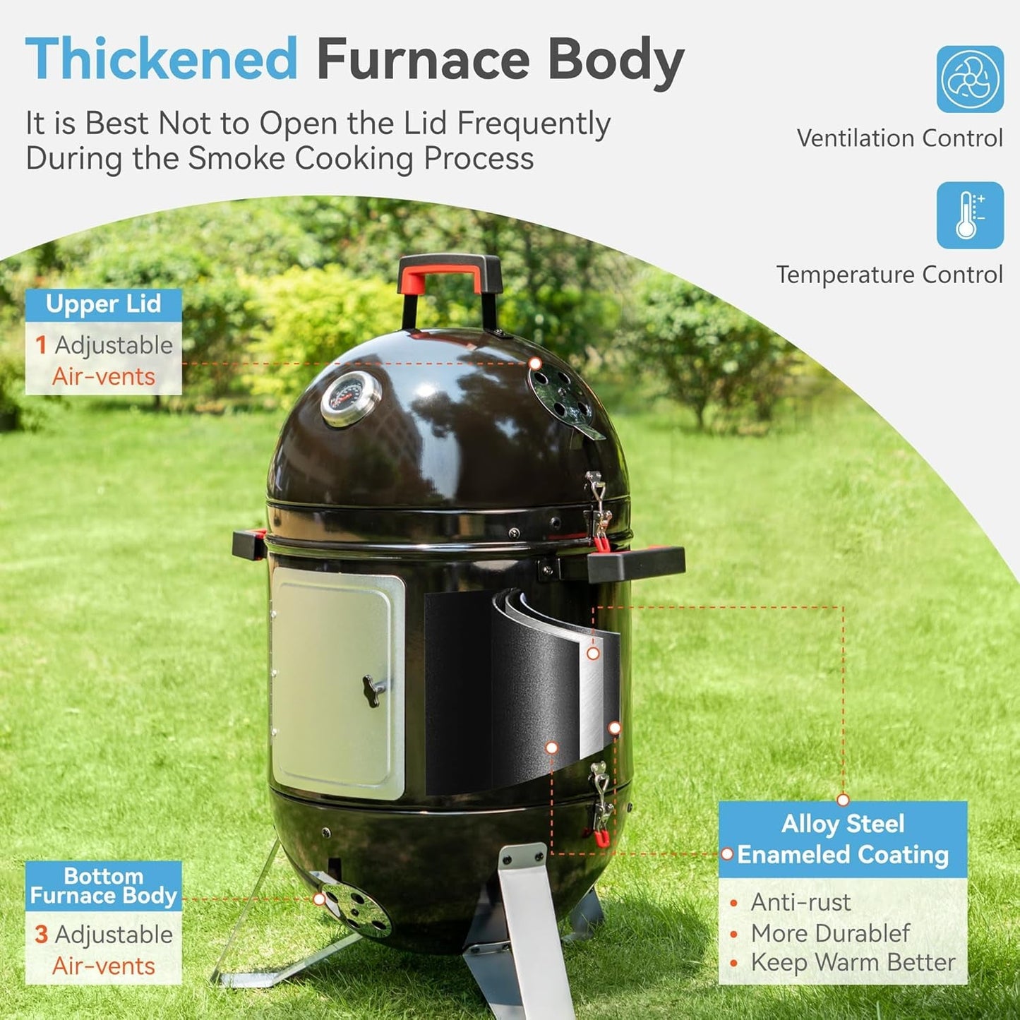 Eighteen Inch Vertical Charcoal Smoker Grill Portable-1