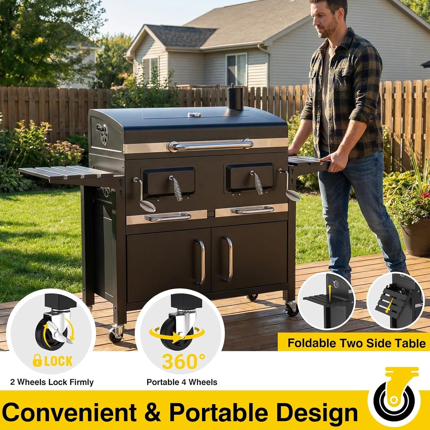 63Inch Cabinet Charcoal Grill Smoker With FoldingTables-4