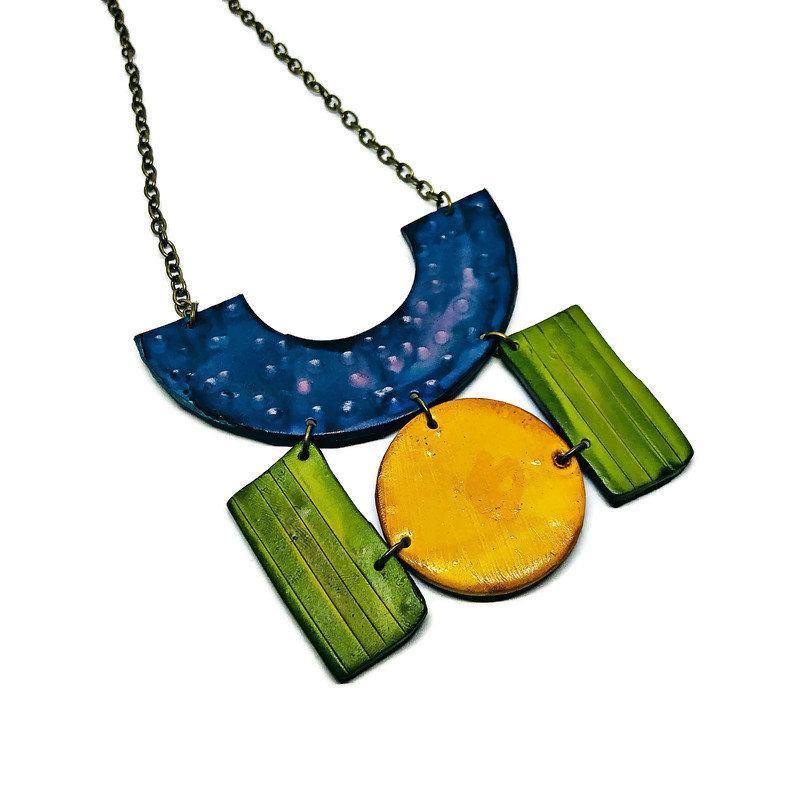 Colorful Painted Statement Necklace with Geometric Design-0