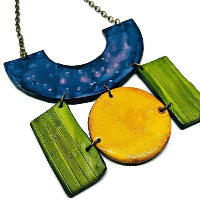 Colorful Painted Statement Necklace with Geometric Design-2