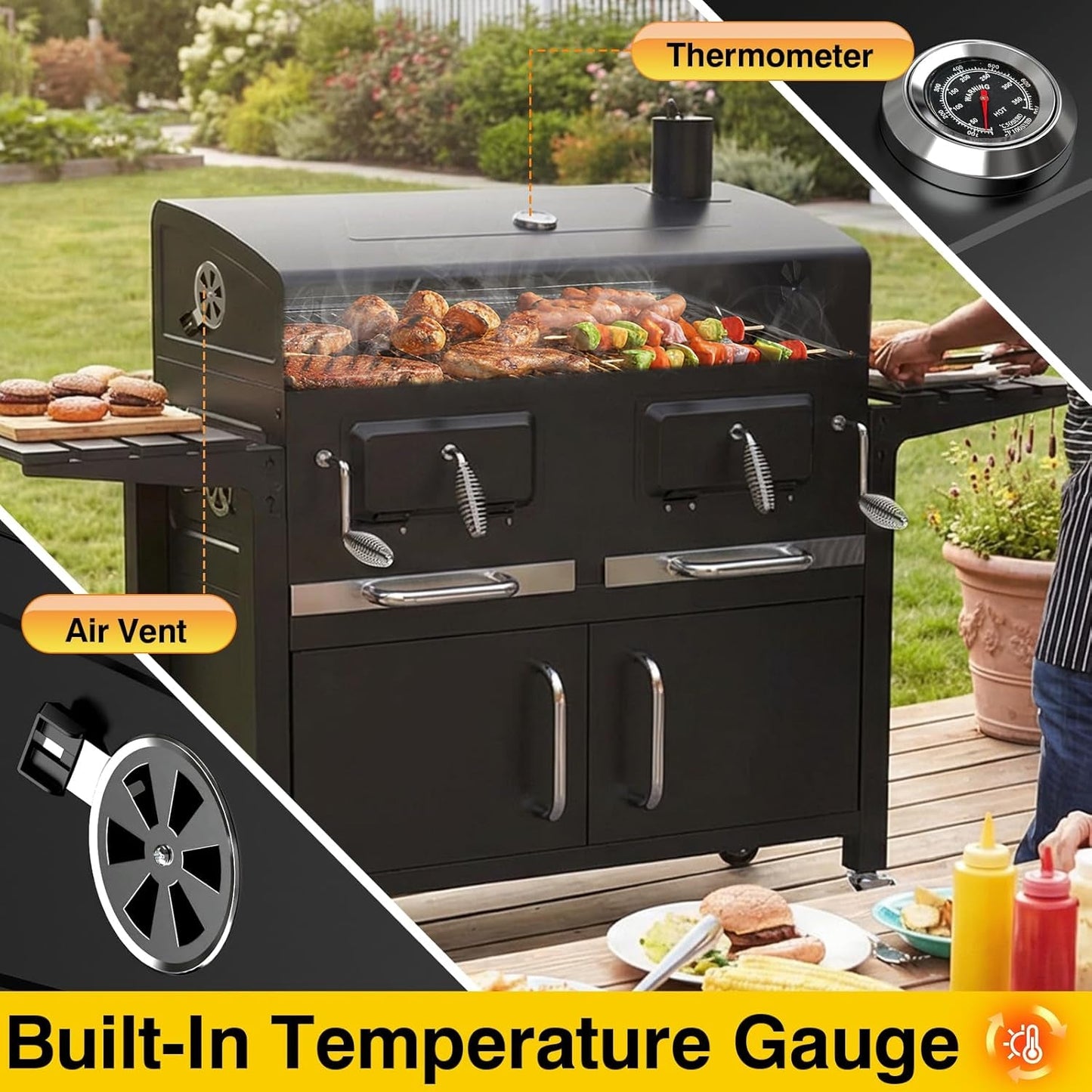 63Inch Cabinet Charcoal Grill Smoker With FoldingTables-3