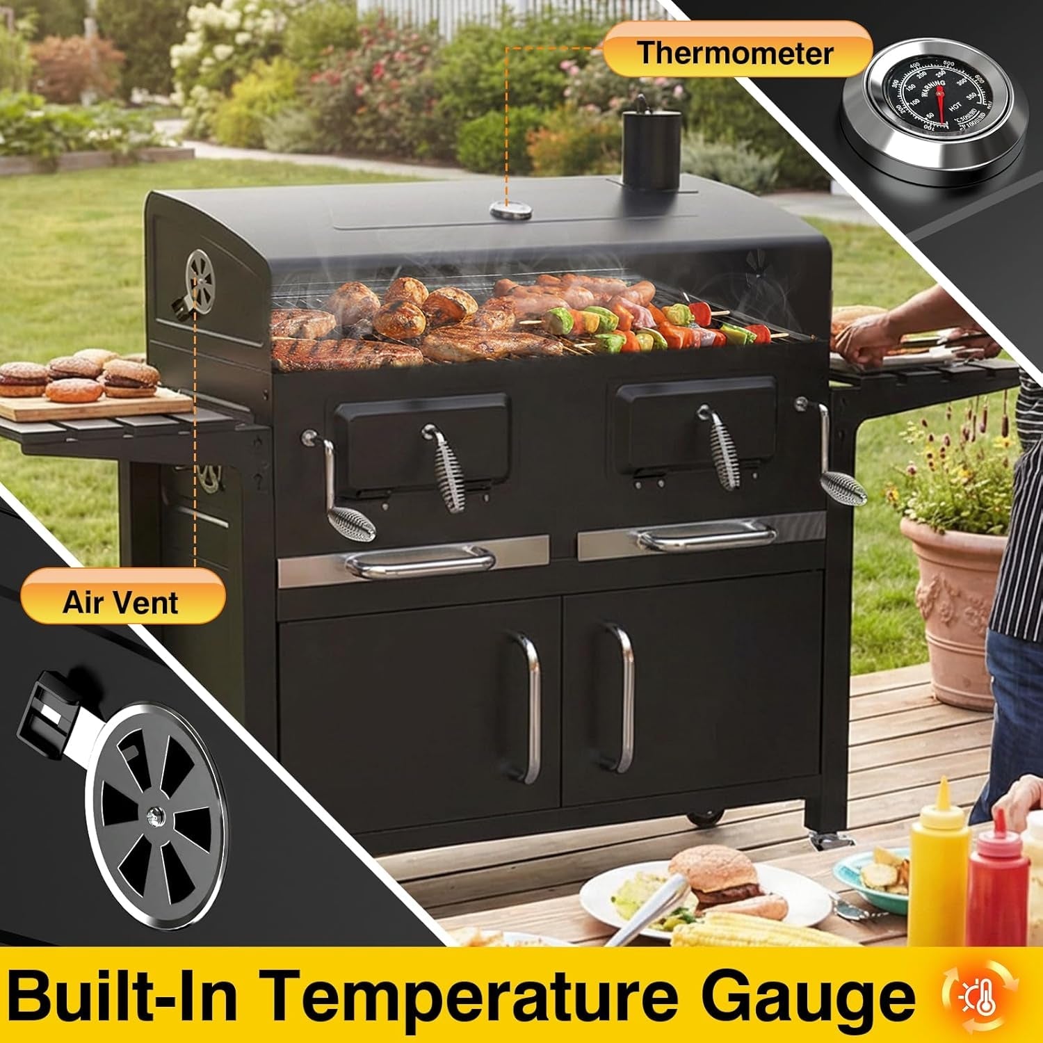63Inch Cabinet Charcoal Grill Smoker With FoldingTables-3