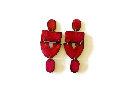 Extra Large Red Clip On Earrings Handmade "Lee"-11